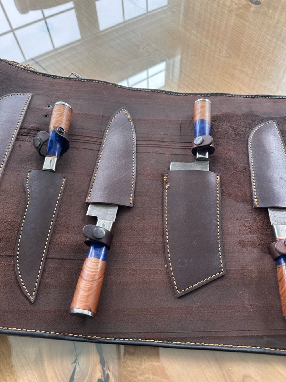 Handmade Leather Knife Roll with Set of 7 Wood-Handled Knives - Picture 4 of 15